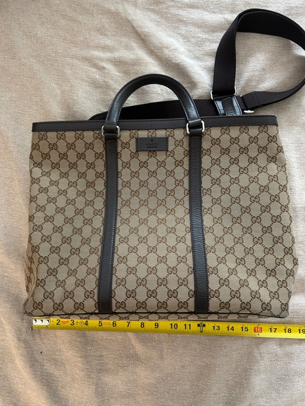 Gucci Tan GG Supreme Messenger Bag with Dark Brown Trim